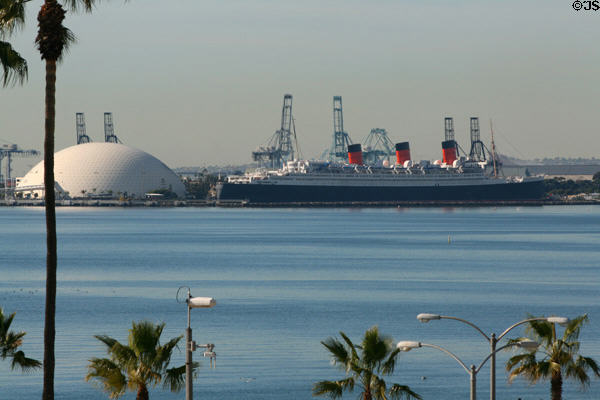 Queen Mary & dome built for Spruce Goose seen from Seal Beach. Long Beach, CA.