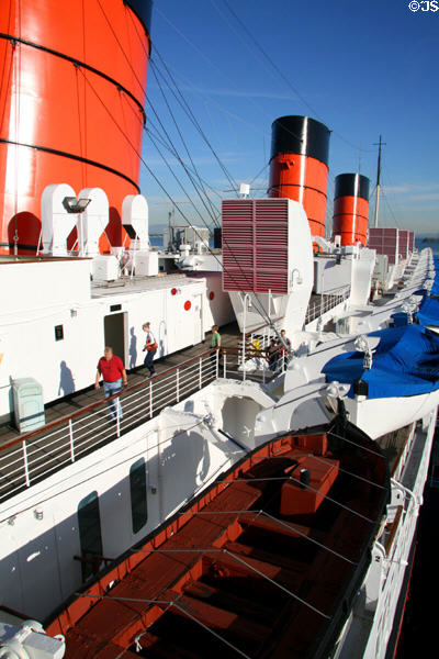 Stacks & life boats of Queen Mary. Long Beach, CA.