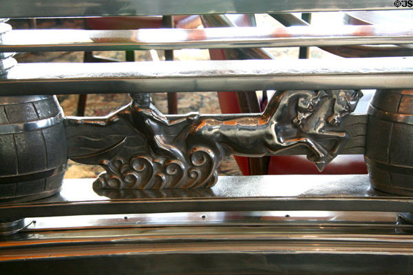Art Deco sea horses on railing of Promenade Deck Observation Bar of Queen Mary. Long Beach, CA.