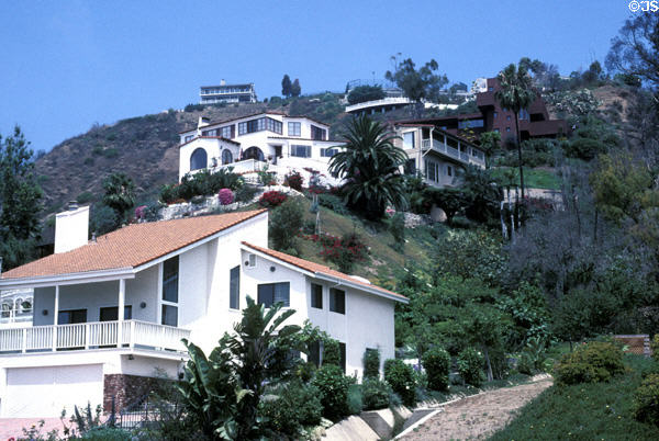 Houses on hills overlooking Pacific Ocean. Malibu, CA.