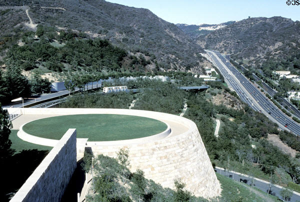 People mover taking visitors from parking lot to J. Paul Getty Museum beside San Diego Freeway. Malibu, CA.