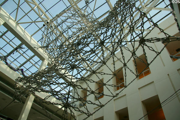 Kinetic sculpture Hypar (Hyperbolic Paraboloid) by Chuck Hoberman in lobby of California Science Center. Los Angeles, CA.