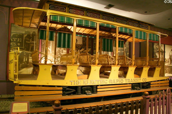St. Louis Car Co. electric streetcar (1889) at LA County Natural History Museum. Los Angeles, CA.