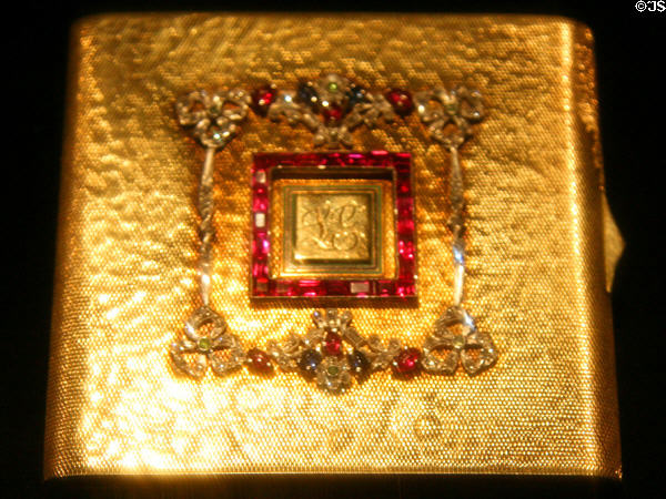Gold compact (c1930s) given by Clark Gable to Carol Lombard at LA County Natural History Museum. Los Angeles, CA.