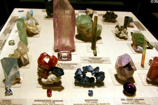 California gemstone mineral collection from at LA County Natural History Museum. Los Angeles, CA.