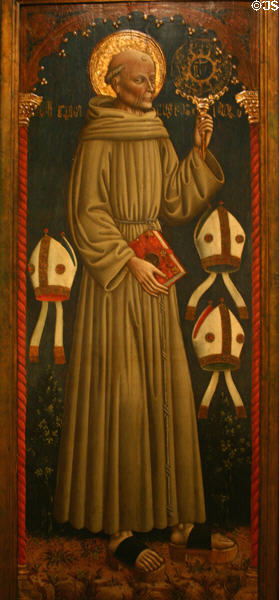 St Bernadino of Siena with flaming disk of Christ + 3 Bishop Miters which he humbly refused (1470) by Dario di Giovanni (Venetian) at LACMA. Los Angeles, CA.