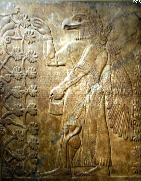 Iran: alabaster reliefs of hawk-headed deity from palace of Assyrian king Ashurnasirpal II (883-858 BCE) at LACMA. Los Angeles, CA.