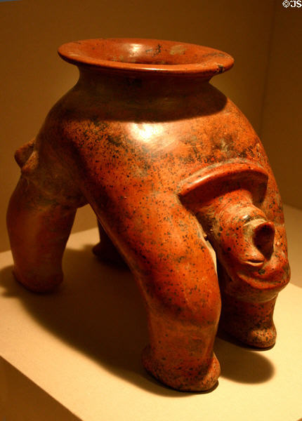 Colima Mexico: early-American pottery vessel in form of acrobat (c200 BCE - 300 CE) at LACMA. Los Angeles, CA.