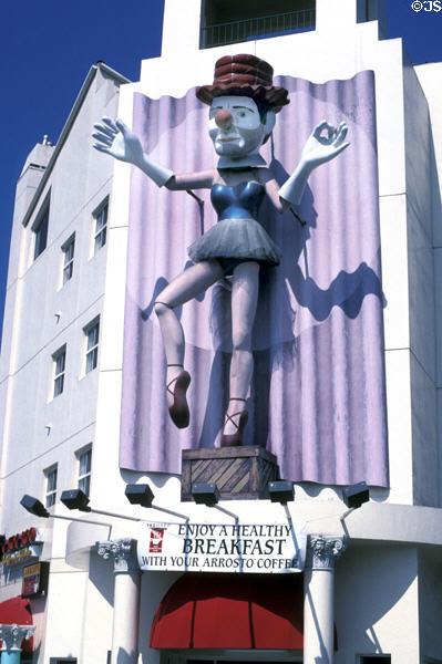 Details of clown by Jonathan Borofsky on Renaissance Building. Venice, CA.