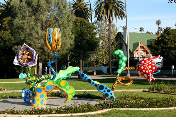 Sculpture of fanciful flowers in Beverly Gardens Park on Santa Monica Blvd. Beverly Hills, CA.