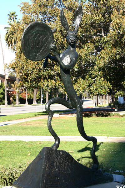 Sculpture The Drummer of stylized rabbit (1989) by Barry Flanagan in Beverly Gardens Park on Santa Monica Blvd. Beverly Hills, CA.