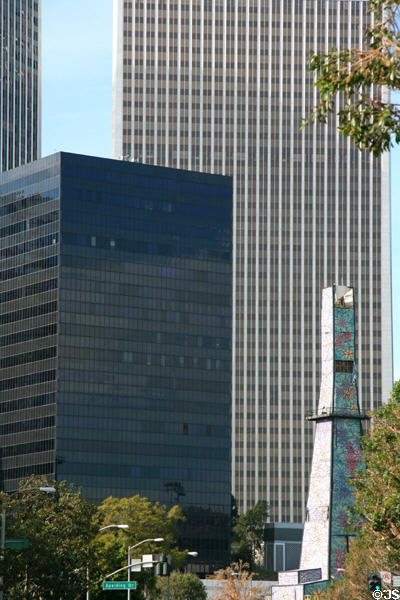 Black Century City Medical Plaza Tower (1969) (18 floors) with covered oil derrick before Century Plaza Towers. Century City, CA. Architect: Cesar Pelli & Anthony Lumsden of DMJM.