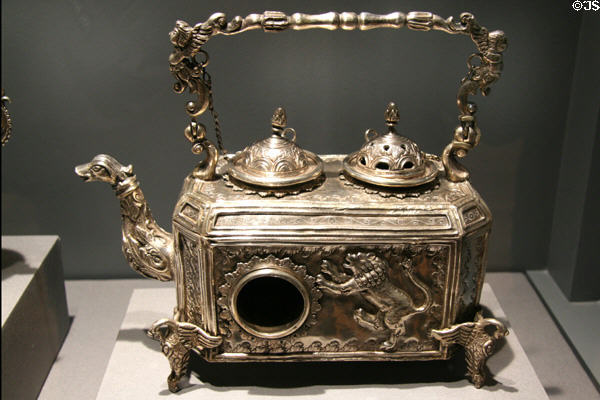 Silver water heater kettle (18th C) from Bolivia at LACMA. Los Angeles, CA.