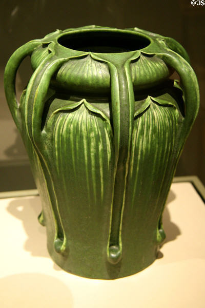 Grueby Faience vase (1898-1902) attrib. to George Prentiss Kendrick at LACMA. Los Angeles, CA.
