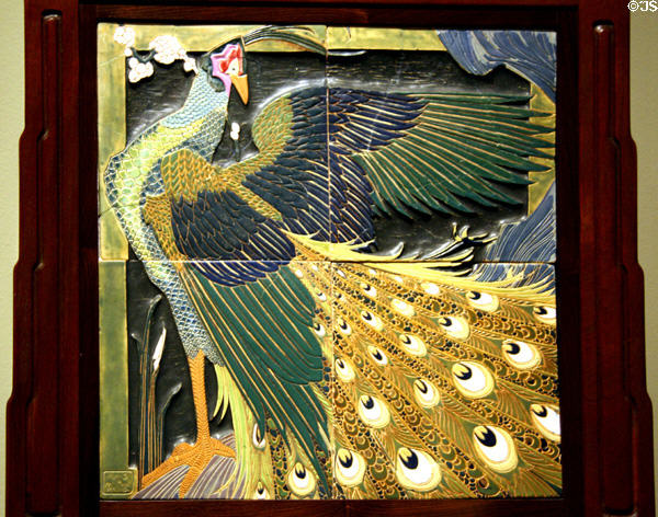 University City Pottery tile plaque with peacock (1909-11) by Agnes & Frederick Hurten Rhead at LACMA. Los Angeles, CA.