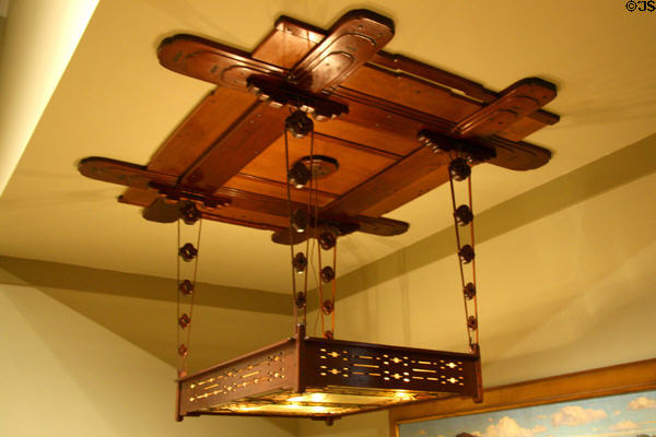 Wooden hanging light fixture (1907) by Greene & Greene from Robert R. Lacker house in Pasadena at LACMA. Los Angeles, CA.