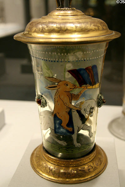 Bohemian glass beaker painted with hare on horseback (1595) at LACMA. Los Angeles, CA.