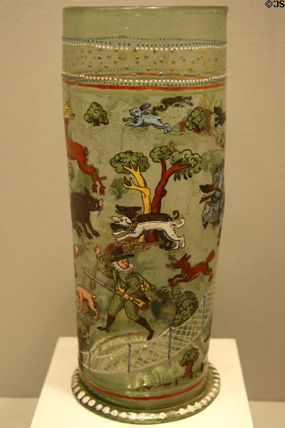 Germanic glass humpen beaker painted with hunt scene (1620) at LACMA. Los Angeles, CA.
