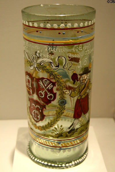Germanic glass humpen beaker painted with smiths & locksmiths coat of arms (1614) at LACMA. Los Angeles, CA.