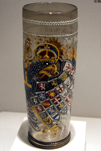Germanic glass beaker painted with Reichsadler eagle & city arms (1622) at LACMA. Los Angeles, CA.