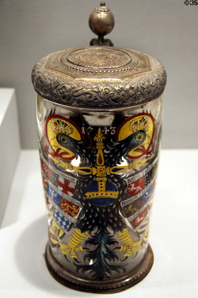 Germanic glass mug painted with Reichsadler eagle & city arms (1743) at LACMA. Los Angeles, CA.