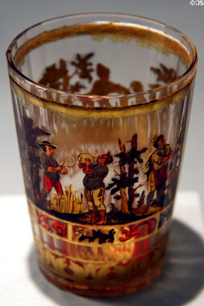 Bohemian cut glass beaker etched with country scenes (1800-25) at LACMA. Los Angeles, CA.