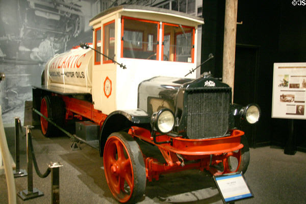 White tanker truck (1921) at Petersen Automotive Museum. Los Angeles, CA.