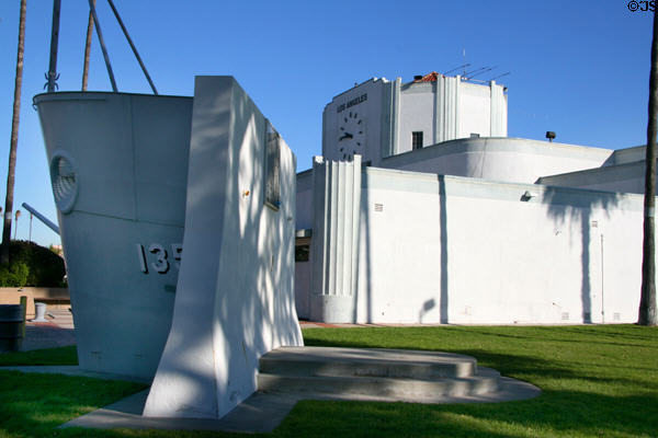 Replica prow of CA-135 Los Angeles as memorial before Moderne-style LA Maritime Museum. San Pedro, CA.