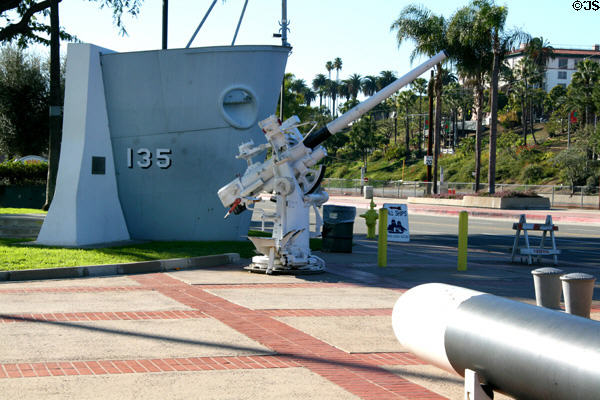 Memorials, deck gun & torpedo outside LA Maritime Museum. San Pedro, CA.