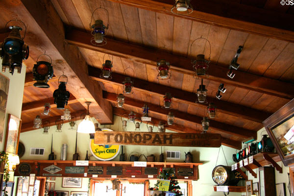 Collection of railway lanterns overhead at Lomita Railroad Museum. Lomita, CA.
