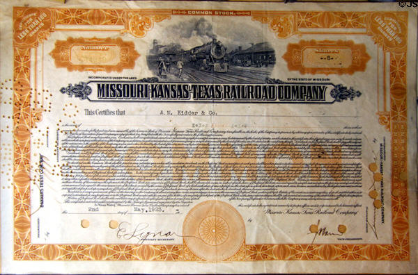 Missouri-Kansas-Texas Railroad stock certificate (1923) at Lomita Railroad Museum. Lomita, CA.