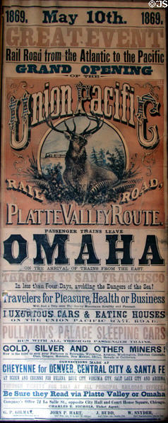 Poster for opening of Union Pacific Platte Valley Route (1869) at Lomita Railroad Museum. Lomita, CA.