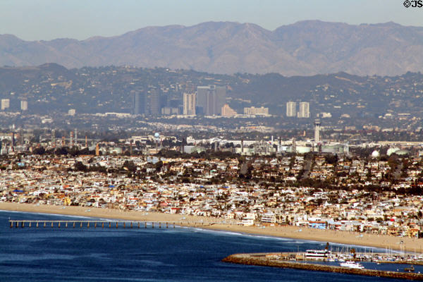 Hermosa Beach Pier & Redondo Beach Marina with Los Angeles International Airport beyond. Los Angeles, CA.