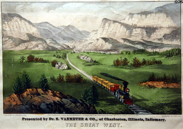 Print of The Great West with train through valley (1870) by Currier & Ives at Autry National Center. Los Angeles, CA.