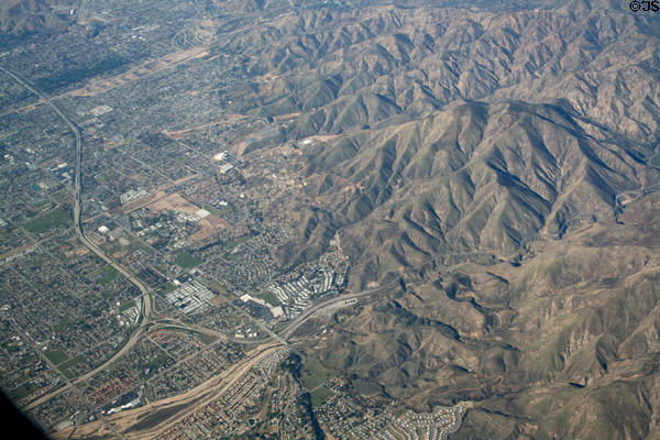 Aerial view of Highland, CA where freeway 330 meets 210. CA.