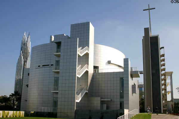 Hospitality Center rear with bell tower & spire stairs at Crystal Cathedral. Garden Grove, CA.