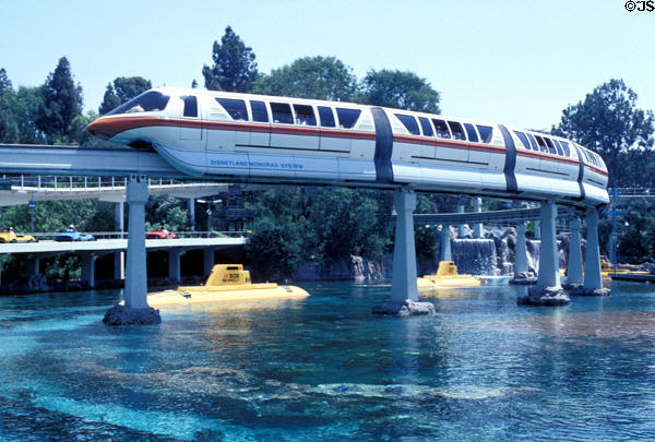 Monorail above submarines at Disneyland ®. Anaheim, CA.