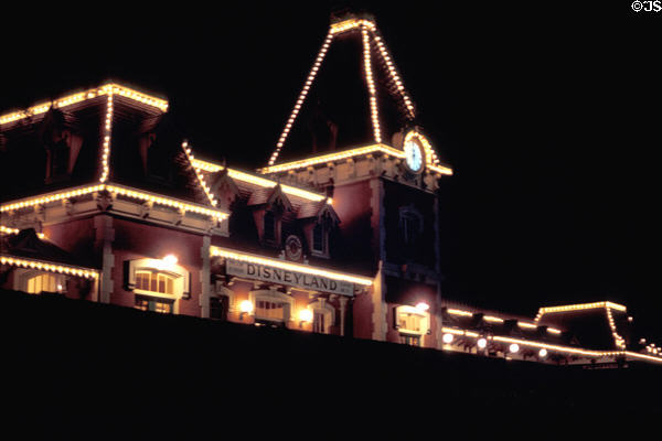 Rail station lit at night at Disneyland ®. Anaheim, CA.