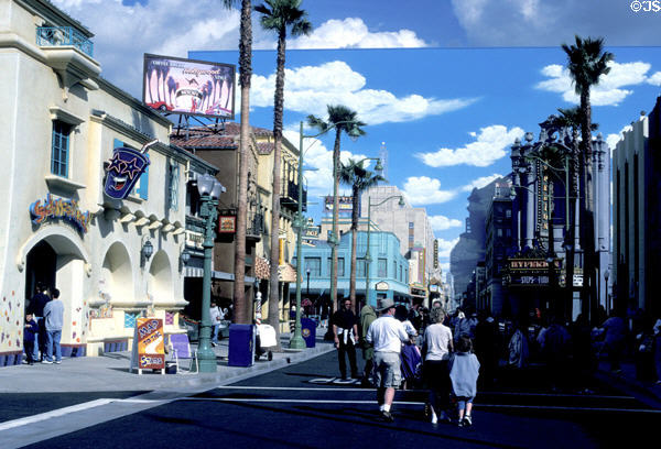 Hollywood street replica complete with painted cloud backdrop against real clouds at Disney's California Adventure ™. Anaheim, CA.