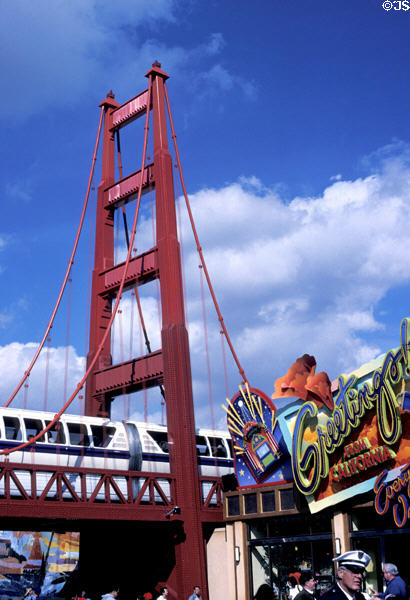 Golden Gate bridge replica carries monorail at Disney's California Adventure. Anaheim, CA.