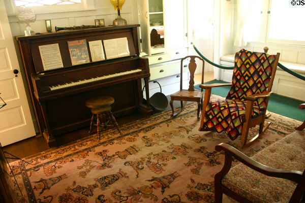 Parlor of Nixon Birthplace with piano where Nixon learned music. Yorba Linda, CA.