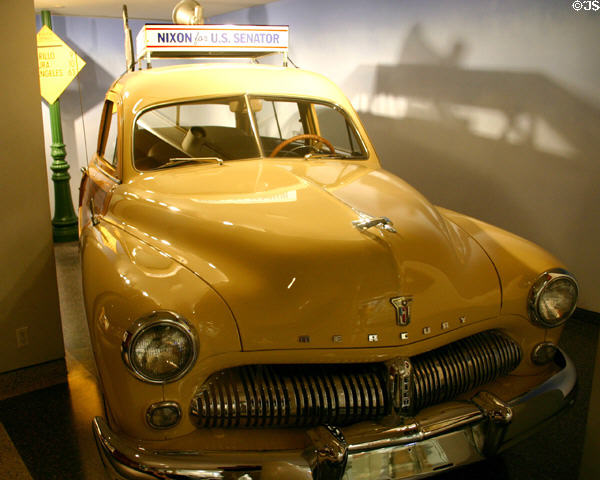 Front view of Mercury Eight Woody Station Wagon used by Nixon in his early campaign for Congress at Nixon Library. Yorba Linda, CA.