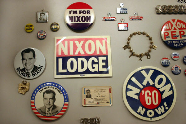 Nixon + Lodge 1960 campaign buttons at Nixon Library. Yorba Linda, CA.
