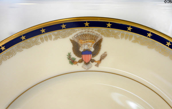 Border detail of Franklin Roosevelt presidential porcelain by Lenox China, Trenton, NJ, with roses & feathers of Roosevelt family crest at Nixon Library. Yorba Linda, CA.