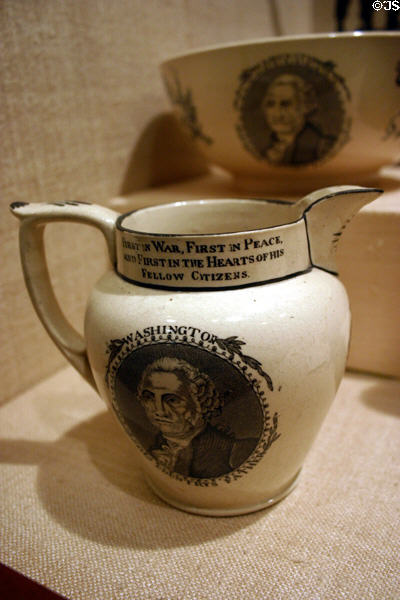 Pitcher with image of George Washington, made in England (1824) to mark visit of General Lafayette to USA at Nixon Library. Yorba Linda, CA.