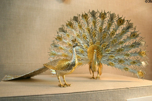 Gold & silver peacocks given to Nixon by Britain's Prime Minister Harold Wilson at Nixon Library. Yorba Linda, CA.