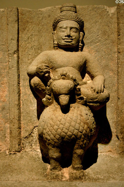 Budha (Mercury) upon a bird (10th c) of sculpted sandstone stele of planetary deities from Cambodia in Norton Simon Museum. Pasadena, CA.