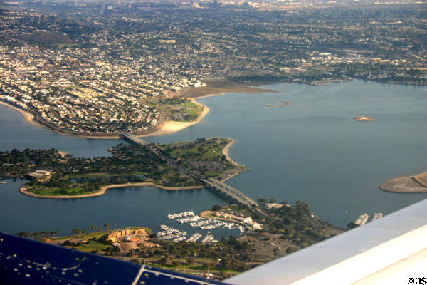 Aerial view of Mission Bay & Ingraham Street Bridge over Vacation Isle. San Diego, CA.