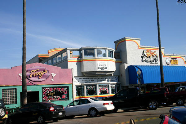 Bright colors of Newport Avenue businesses in Ocean Beach. San Diego, CA.
