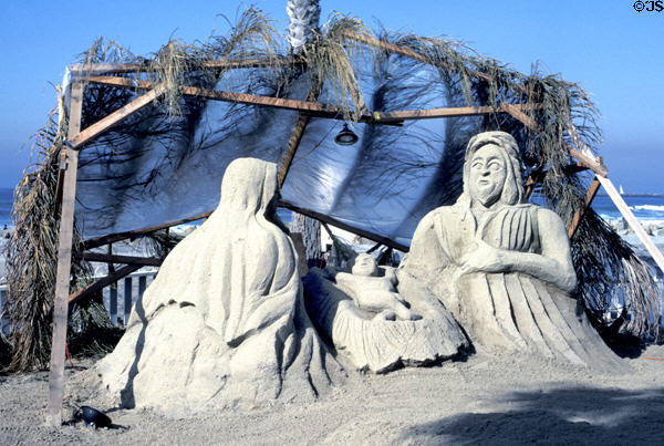 Sand sculpted Christmas creche on shore of Ocean Beach. San Diego, CA.
